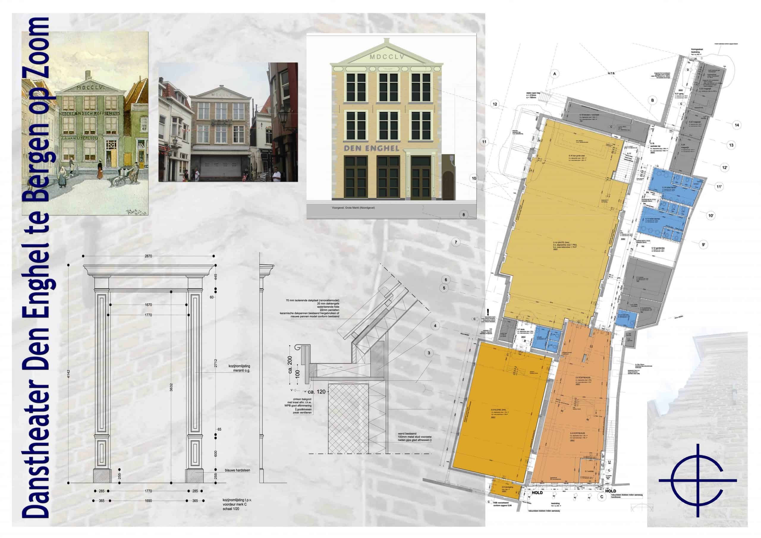 Verbouwing van voormalige bioscoop naar zalencentrum / danstheater met bovenwoning. Historisch pand Den Enghel aan de Grote Markt in Bergen op Zoom.